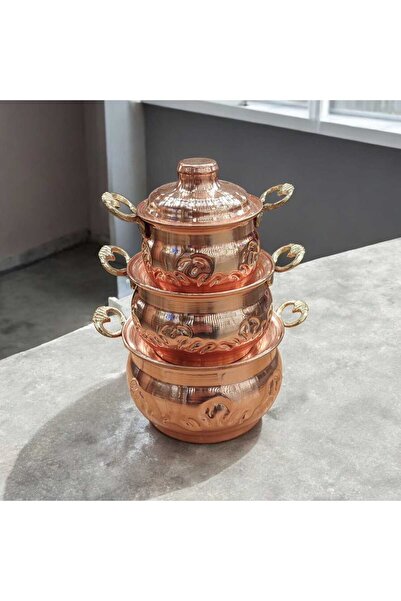 Bakır Center Mini Bakır Tencere 18*8 CM Mini Süs Tencere 3'lü Süs Biblo Tence...