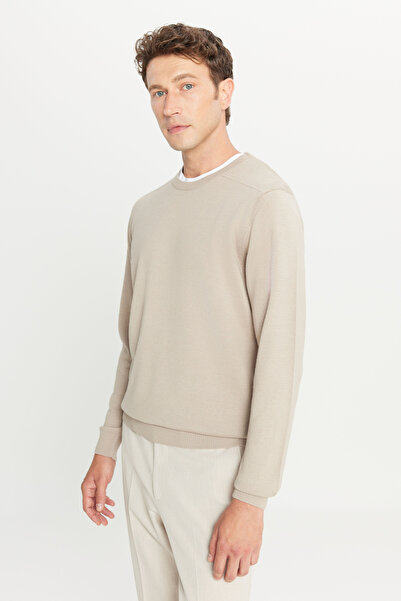 ALTINYILDIZ CLASSICS Men's Beige Wool Standard Fit Regular Cut Crew Neck Knitwear Basic Sweater