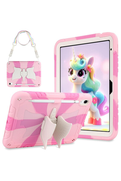 Coolden Durable case for iPad 11″/10.9″ Gen 11/10, 3D unicorn, pen holder, shoulder strap, pink