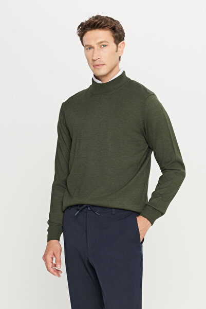ALTINYILDIZ CLASSICS Men's Khaki Wool Standard Fit Regular Cut Half Turtleneck Basic Knitwear Sweater
