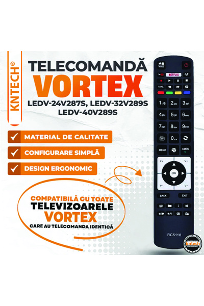 KNTECH Remote control RC5118, compatible with Vortex LED/TV with Netflix LEDV-24V287S, LEDV-32V289S, LEDV-40V289S