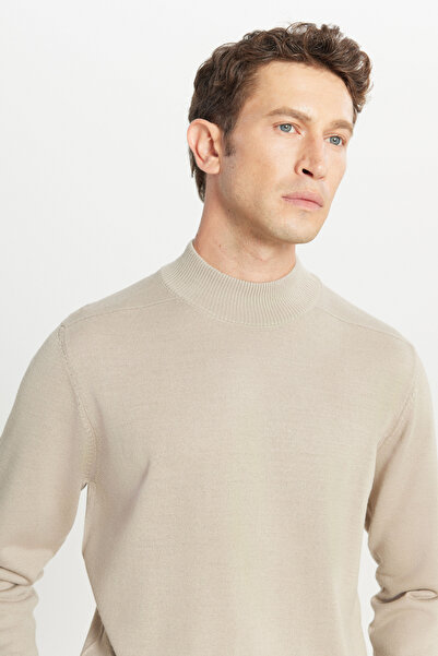 ALTINYILDIZ CLASSICS Pulover pentru bărbați, bej, din lână, cu potrivire standard, normal, croială cu jumătate de gât, basic tricotaje