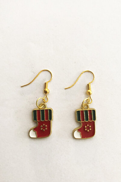 PİNKMARK Women's Gold Mineral Christmas Themed Socks with Hanging Jewelry Earrings Pmkp25513