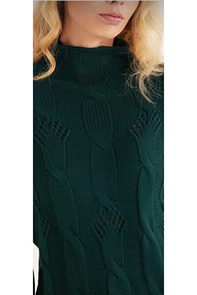 cheen Women's Regular Fit Cut Half Turtleneck Hair Knit Green Knitwear Top