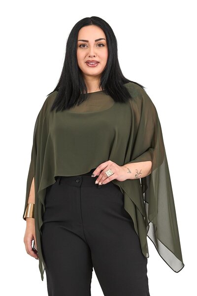 DISENTIS MODEST Plus Size Asymmetrical Cut Chiffon Khaki Cape Bolero