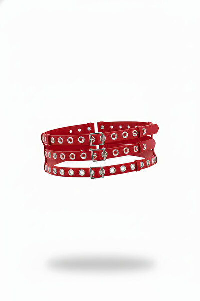 Angels Passion **Curea roșie pentru femei, stil punk, cu mai multe inele metalice, accesoriu pentru talie**