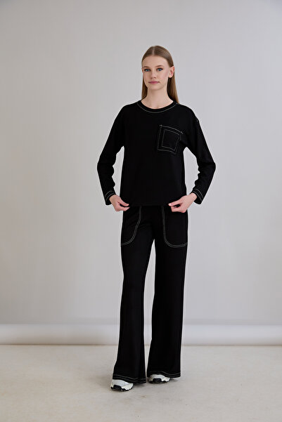 Sortie Collection Women's Regular Fit Pocket Stitching Detail Crew Neck Wide Leg Sweatpants Top and Bottom Set