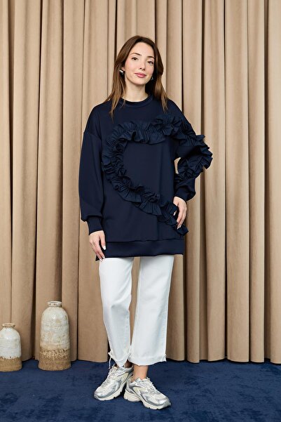 Loreen Women's Heart-Shaped Ruffle Oversized Tunic - 20715Tun - Navy-Navy