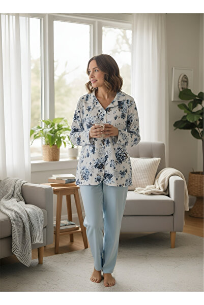 Nena %100 Pamuk Yakalı Önden Düğmeli ve Pijama Üstü Cep Detaylı Mavi Çiçek Desenli Pijama Takımı
