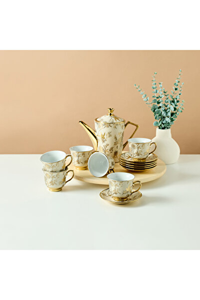 Lifestyle طقم فناجين وصحون بطبعة زهور، 13 قطعة، مع إبريق شاي - 220 مل