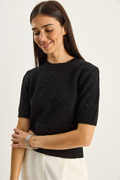 Bianco Lucci Women's Crew Neck Sequin Detailed Gilded Short Sleeve Basic Knitwear Blouse 4818 60283581