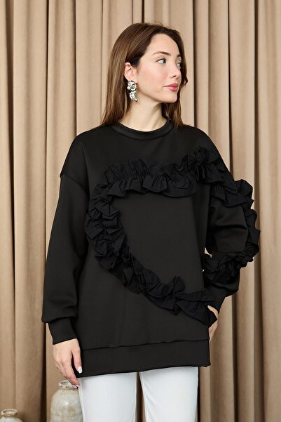 Loreen Women's Heart-Shaped Ruffled Oversized Tunic - 20715Tun - Black-Black