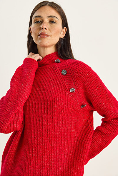 Bianco Lucci Women's Half Turtleneck Accessory Detail Loose Sweater Tk251144 60283741