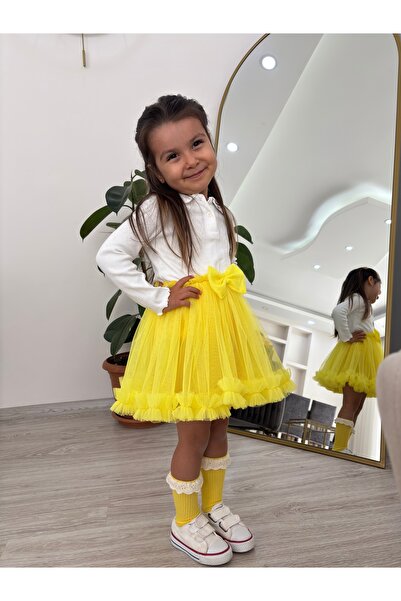 Ha-Ke Kids Kloş Fırfırlı Fiyonk Detaylı Tül Kız Çocuk Etek, Astarlı