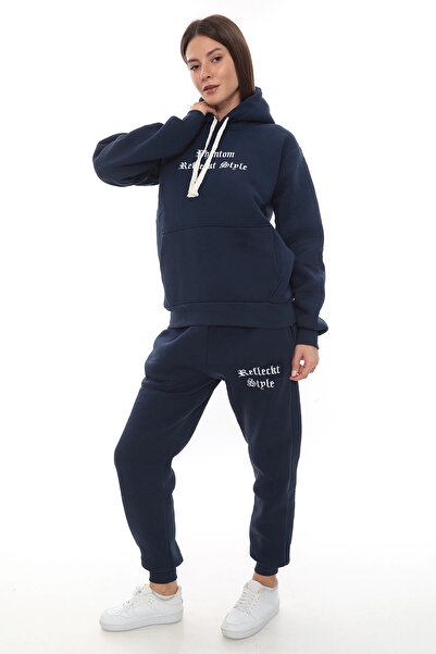 PHANTOM JEANS Μπλε κομψό γυναικείο σετ αθλητικής φόρμας από φλις με ελαστικό πόδι και τσέπες με κουκούλα Κεντημένο σετ με λεπτομέρειες