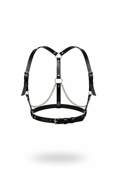 Angels Passion Curea neagră pentru femei, cu detaliu de lanț pentru talie și piept, cu curea în formă de inel O, accesoriu pentru corp.