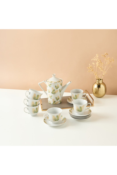 Lifestyle طقم فناجين وصحون مطبوع عليه نخيل، مكون من 13 قطعة، مع إبريق شاي