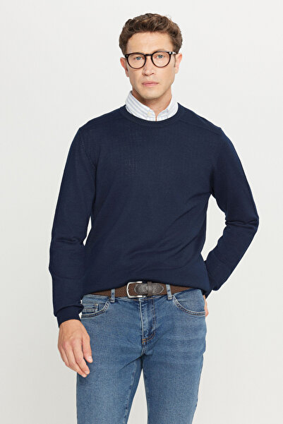 ALTINYILDIZ CLASSICS Мъжки пуловер от вълна в тъмносин цвят, стандартна кройка, с обло деколте и редовна кройка