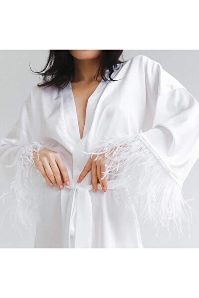 Trendyup Luxury Satin Robe with Feather Trim, Size M, Noirlingerie, White