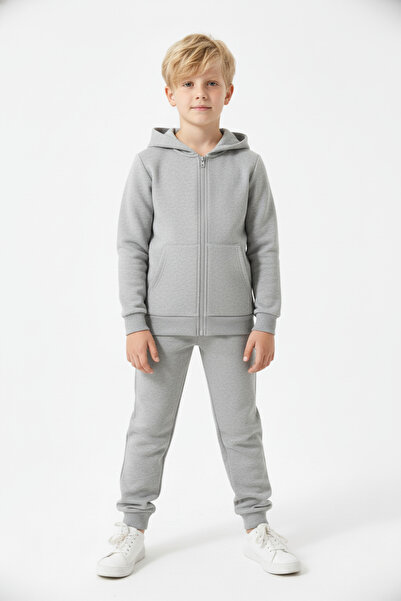 FYK KİDS 3 İplik Kışlık Ş επένδυση fleece Απλό χωρίς στάμπα με φερμουάρ K με κουκούλα Σετ αθλητικής φόρμας για αγόρια 4 τεμαχίων