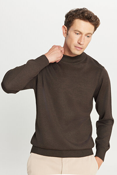 ALTINYILDIZ CLASSICS Men's Brown Wool Standard Fit Regular Cut Half Turtleneck Basic Knitwear Sweater