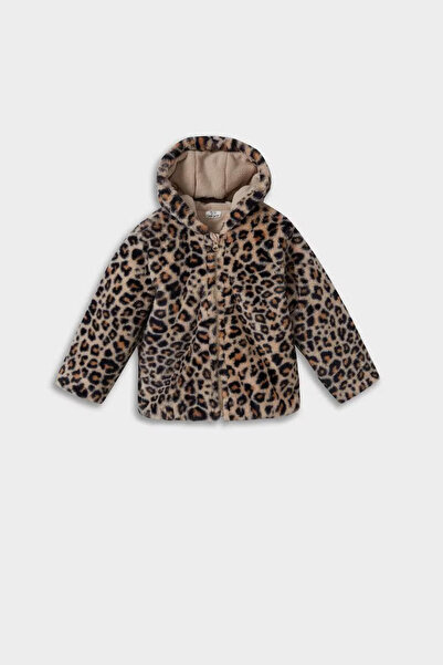 DeFacto Kız Bebek Kapüşonlu Leopar Desenli Fermuarlı Pelüş Mont E7993A525AU