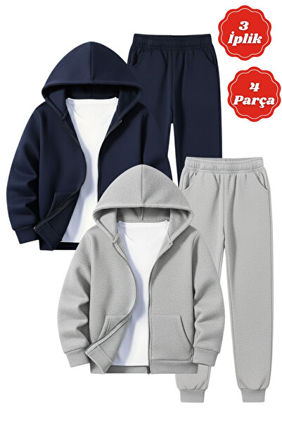 FYK KİDS 3 İplik Kışlık Ş επένδυση fleece Απλό χωρίς στάμπα με φερμουάρ K με κουκούλα Σετ αθλητικής φόρμας για αγόρια 4 τεμαχίων