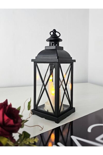 EVİMTATLIEVİM Lumiera 34cm Siyah LED Fener Mumluk - Gerçek Camlı & Pille Çalı...