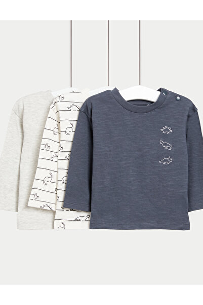 Marks & Spencer 3’lü Saf Pamuklu Dinozor Baskılı Uzun Kollu Tişört Seti (0–3 ...
