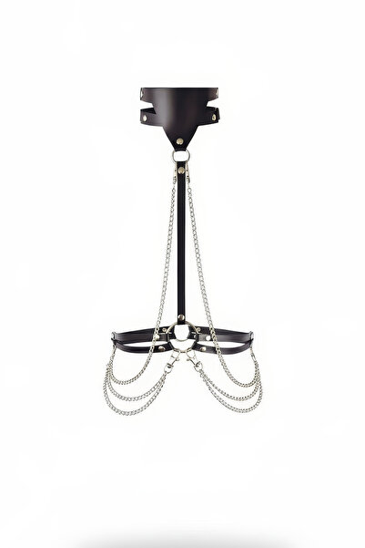 Angels Passion Curea neagră pentru femei cu lanț și detaliu inel, accesoriu p...