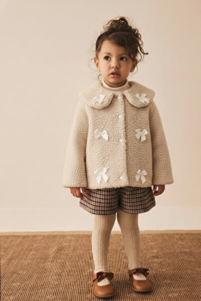 Minipodyum Peter Pan collar Girls' Plush Coat with Bow Detail and Buttons
