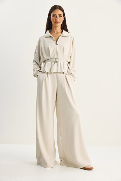 Bianco Lucci Kadın Beli Kemerli Pileli Hırka Yüksek Bel Bol Pantolon Alt-Üst Modal Takım 4034 60283734