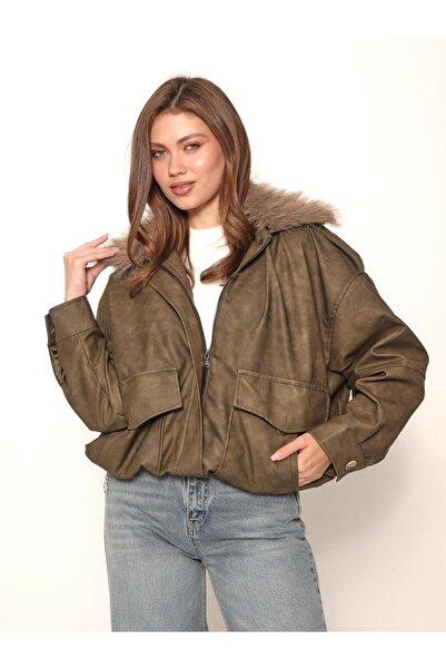 Coral Fur Collar Leather Coat 36821 Khaki
