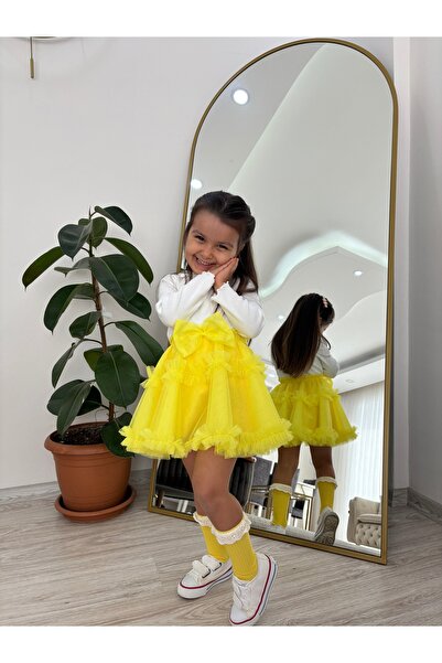 Ha-Ke Kids Kloş Çift Fırfırlı Fiyonk Detaylı Tül Kız Çocuk Etek, 4 Kat, Astarlı
