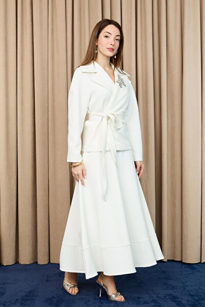 Puane Women's Belted Jacket Set with Collar Accessories - 14389Tkm - Ecru