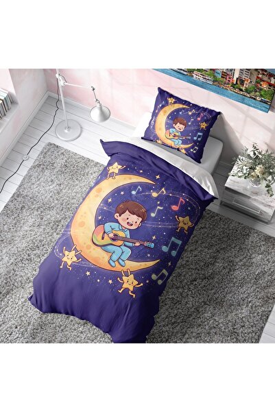 Viadela Child Playing Guitar on the Moon Duvet Cover Set (No Sheets)