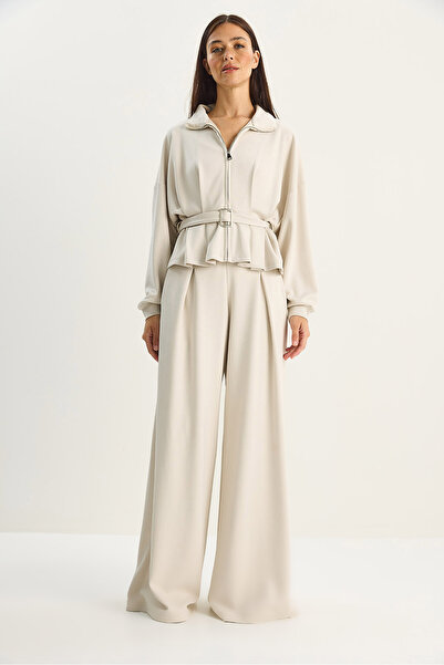 Bianco Lucci Kadın Beli Kemerli Pileli Hırka Yüksek Bel Bol Pantolon Alt-Üst Modal Takım 4034 60283734