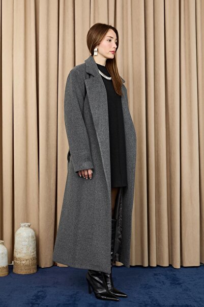 Puane Women's Double-Breasted Collar Cashmere Coat -15237Kbn - Antracite