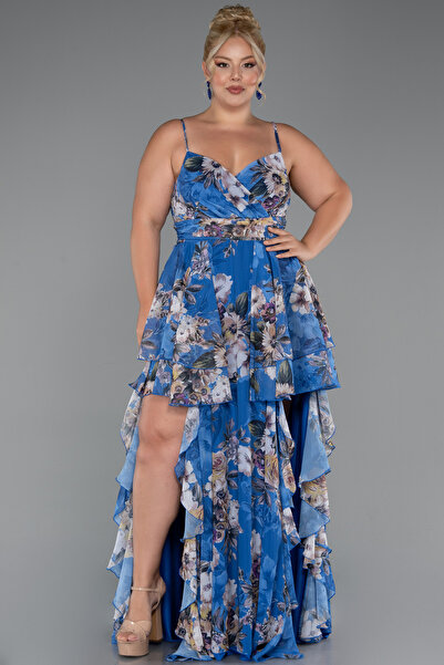 Abiyefon Mavi Bacak Dekolteli Uzun Desenli Büyük Beden Abiye ABU5266