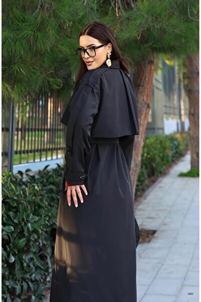 Dadali Double-Breasted Trench Coat with Collar Sleeves and Belt Detail Black