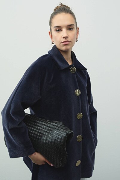 Hooopstore Milena Gold Buttoned Navy Blue Jacket Coat