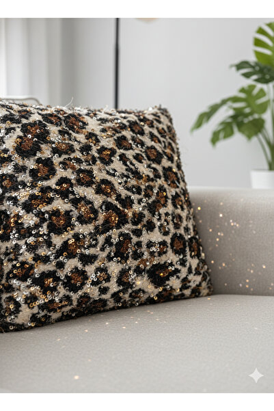 Perlasee Leopar Desenli Pul Detaylı Dekoratif Kırlent