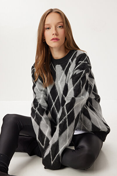 Lovelyİstanbul Baklava Patterned Oversized Knitwear Sweater Lfn0123 Black Gray