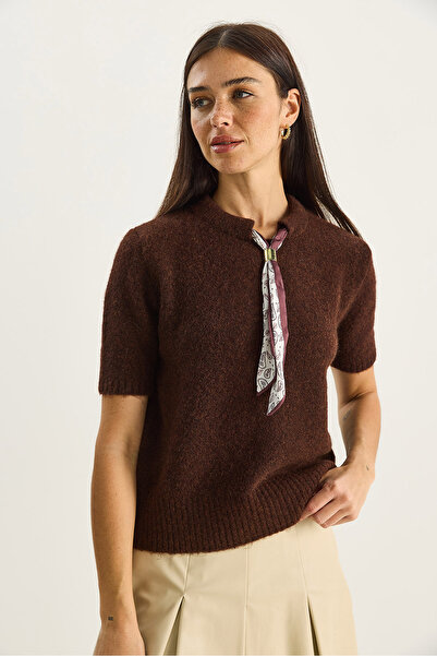 Bianco Lucci Women's Crew Neck Scarf Detailed Short Sleeve Knitwear Sweater 2536 60283756