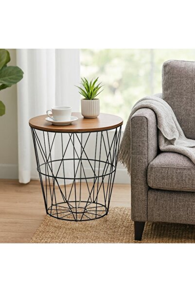 AB HOMES storage table, black wire with wooden lid, 40.5x35 cm