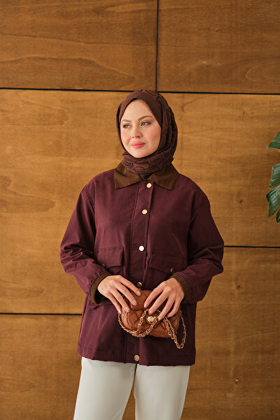 LOCCO Γυναικείο μπουφάν με βελούδινη λεπτομέρεια στο λαιμό και τα καρπά μπορντό