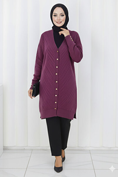 benguen Patterned Long Mercerized Cardigan N3198 Fuchsia