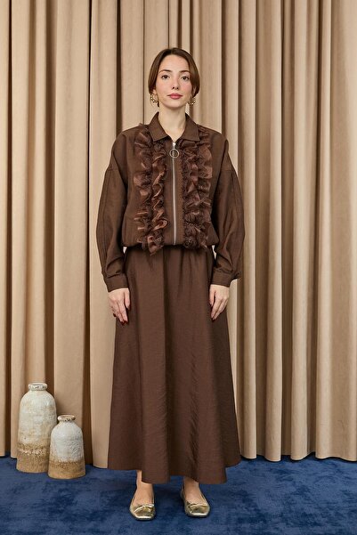 Loreen Γυναικείο Σετ Μπουφάν με Φερμουάρ με Λεπτομέρειες από Βολάν και Δαντέλα - 20707TKM - ΚΑΦΕ