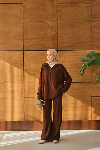 LOCCO Γυναικείο Σετ Πλεκτό με φερμουάρ Καφέ