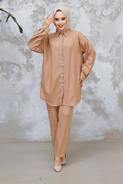 N.S NEVA STYLE Buttoned Camel Hijab Double Set 28141C